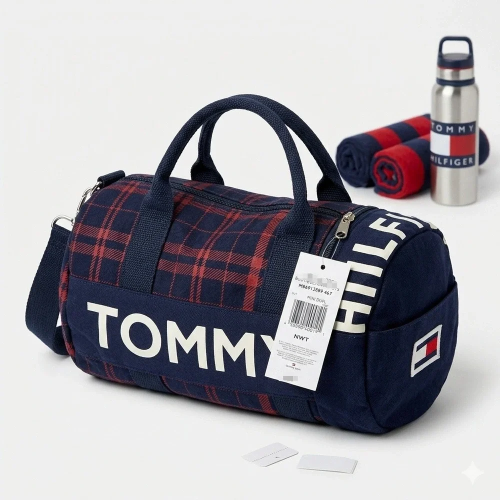 Tommy Hilfiger Mini Duffle‎ Bag Navy Red Plaid Canvas Logo M86913589 467 NWT